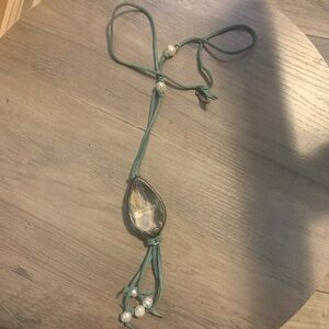 Teal Cord Necklace with Teardrop Crystal Pendant